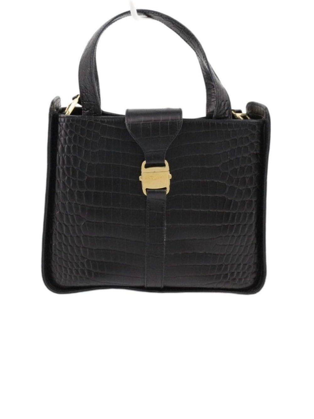 Ferragamo Black Croc-Embossed Top Handle Bag with Gold Hardware